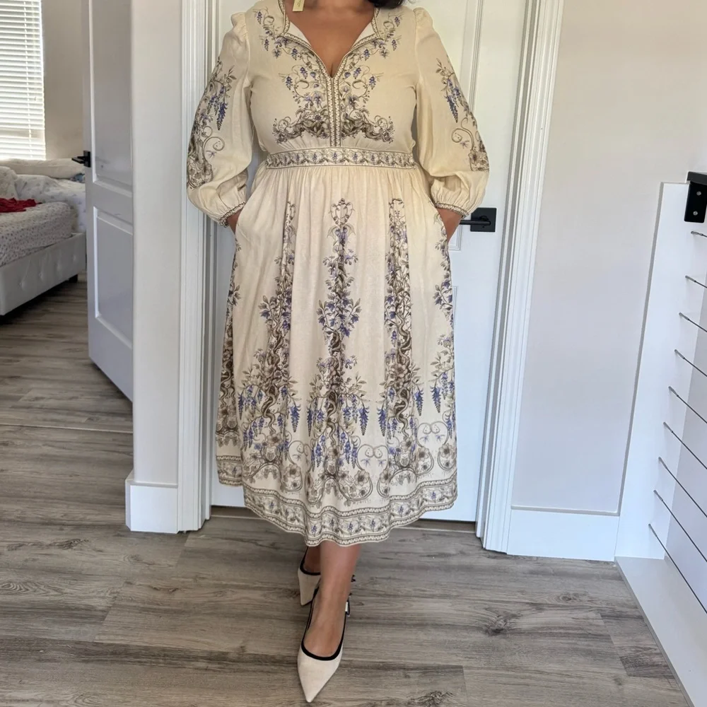 Max Studio linen Elegant Cream  Floral Dress size XL - Picture 3 of 8